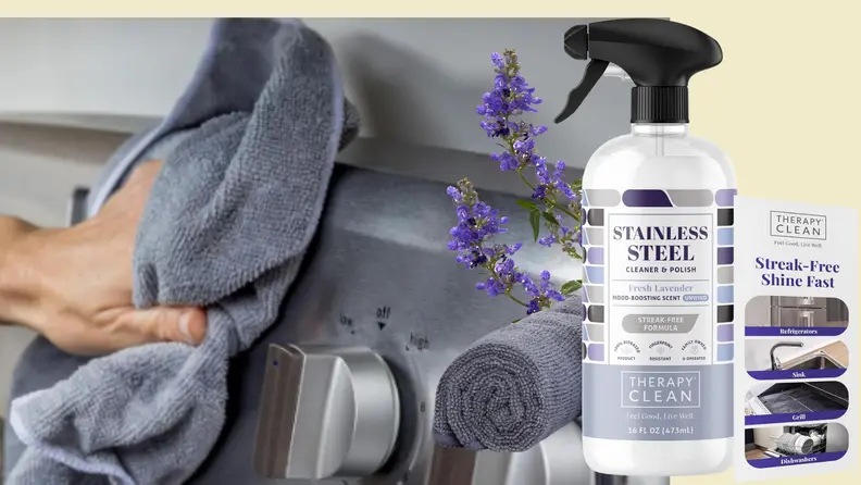 Left: person wiping a stainless steel appliance with a microfiber cloth; Right: Therapy Stainless Steel Cleaner Kit with a rolled microfiber and a lavender flower