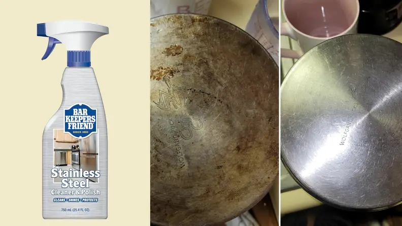 Left: Bar Keepers Friend stainless steel cleaner spray; Right: images of before and after cleaning the bottom of a stainless steel cookware