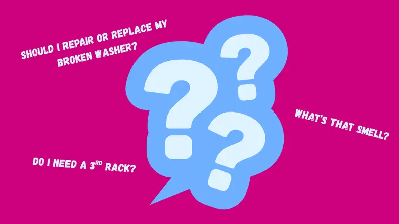 Questions about appliances and three blue question marks on an orange background