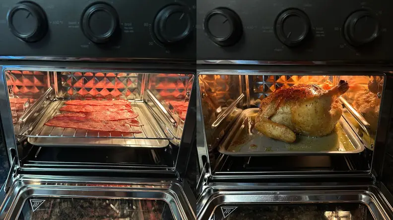 On left, turkey bacon strips cooking on tray inside of the Wonder Oven. On right, small whole chicken roasting on tray inside of the Wonder Oven.
