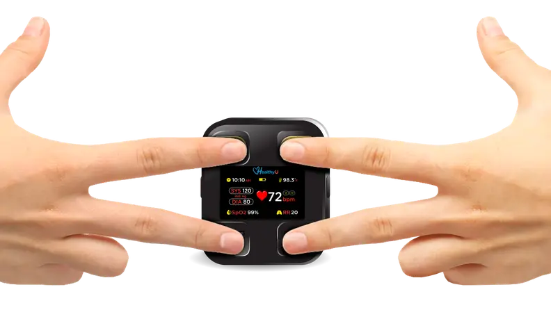 Two pairs of fingers touch the Healthy U at-home cardiac device.