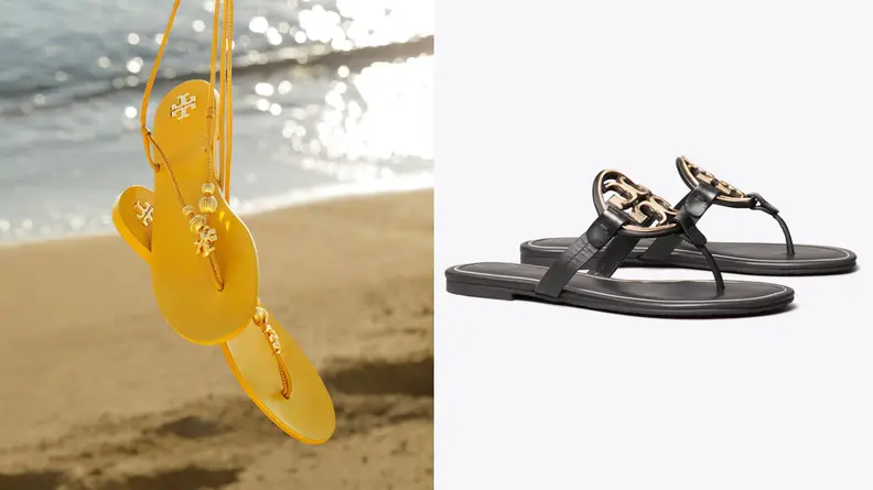 Yellow sandals hanging above a beach / Black Tory Burch monogram sandals