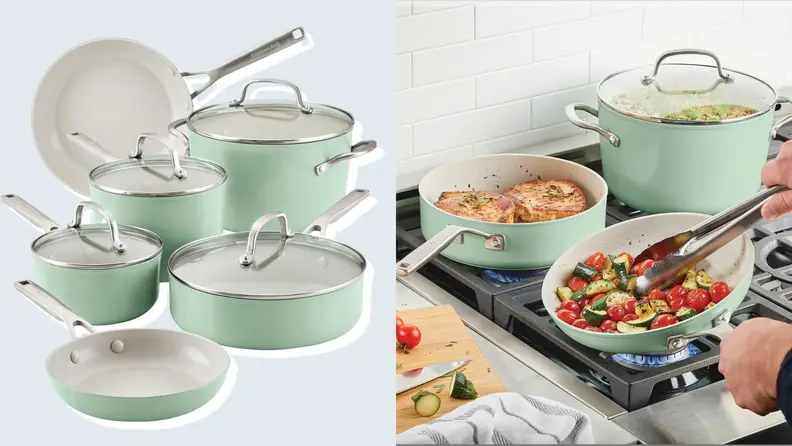Side-by-side shots of the cookware on modeling display and the cookware being used to cook chicken and salads.