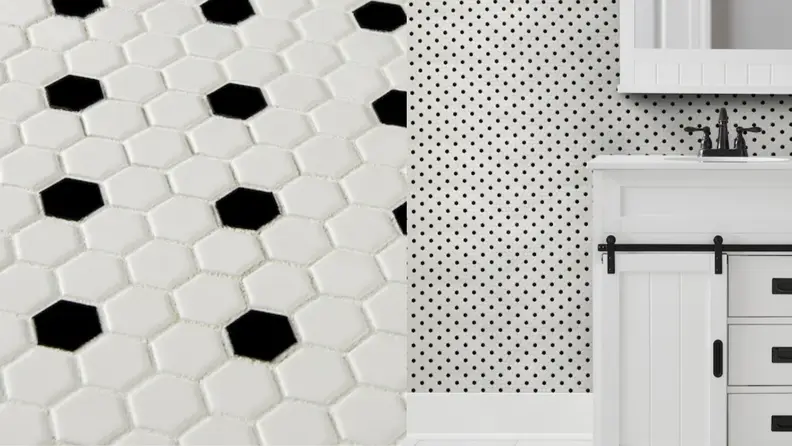 On the left, a close-up of black and white tile. On the right, that same tile installed on a bathroom wall.