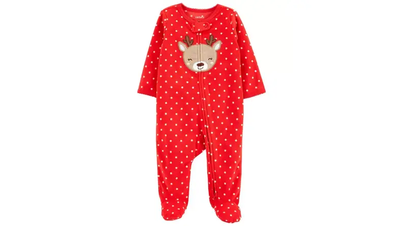 An image of a red, polka-dotted onesie with a reindeer embroidered on the front.