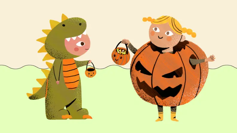 Two kids in costume on a yellow and green background