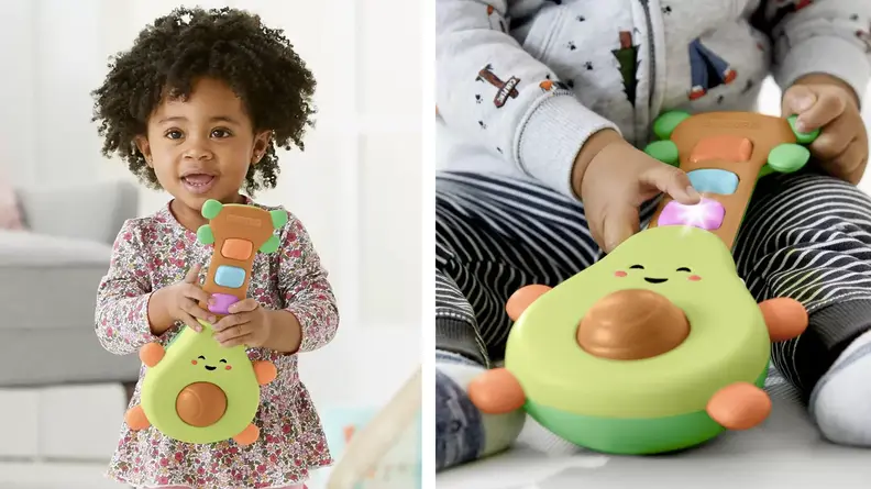 Two images of an avocado shaped toy guitar