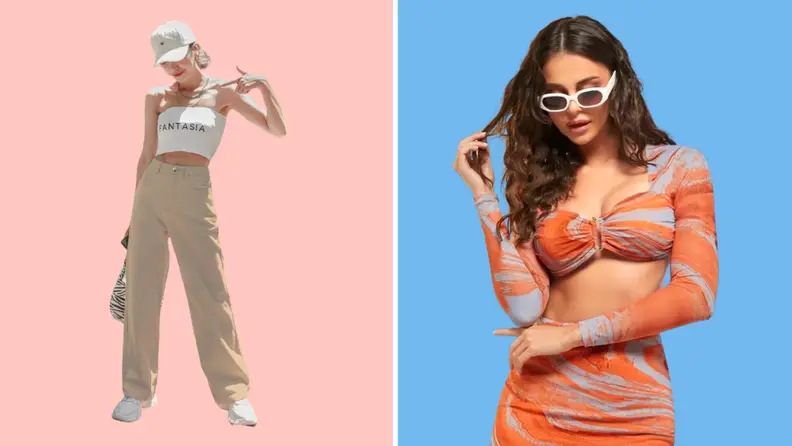 A model wearing khaki-colored wide-leg jeans and a model wearing a printed orange matching skirt and top.