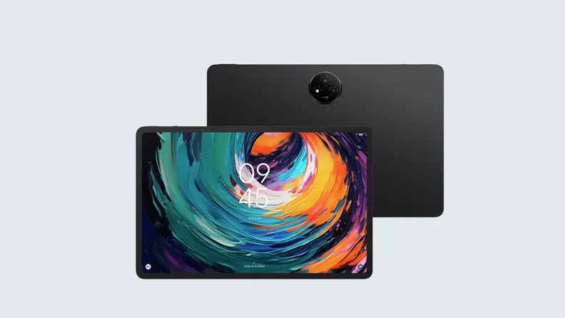 Two TCL Nxtpaper 14 Pro tablets presented back-to-back in front of a light blue background.