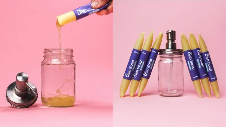 Left: A hand pours dish soap into a glass jar, with the pump lid off to the left side. Right: A glass jar is centered in the photo with beeswax packs of dish soap leaning against it on either side.