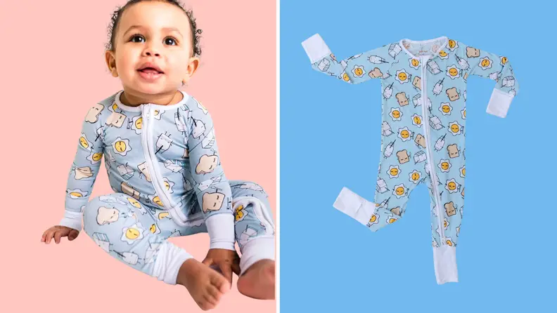 Baby wearing a Zippy from Little Sleepies next to a picture of the Zippy