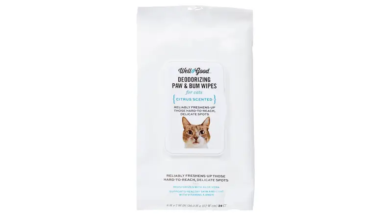 A package of cat bum wipes on a white background