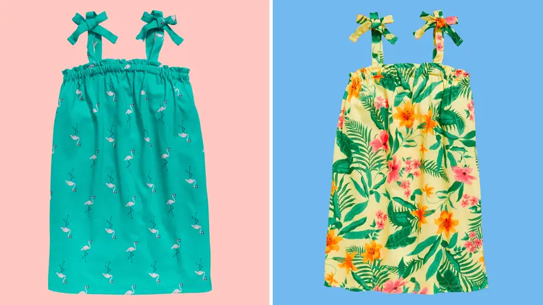 Two Old Navy nightgowns on a blue and pink background