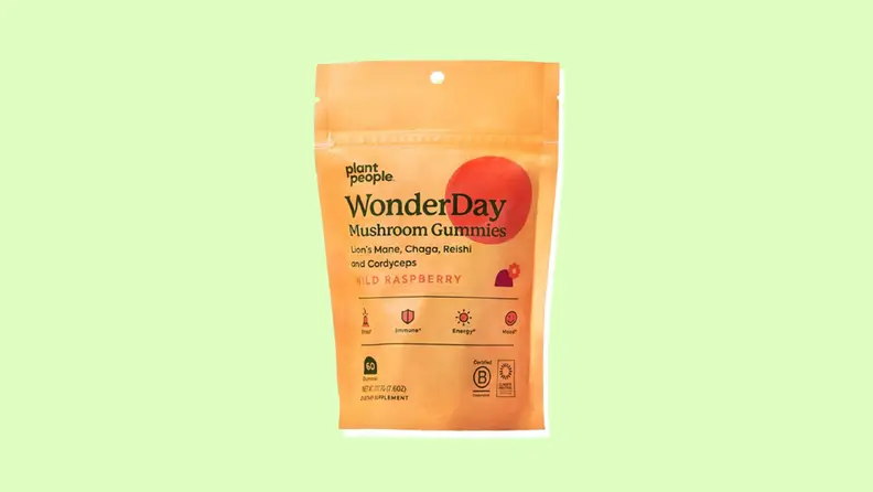 A bag of orange WonderDay Mushroom Gummies.