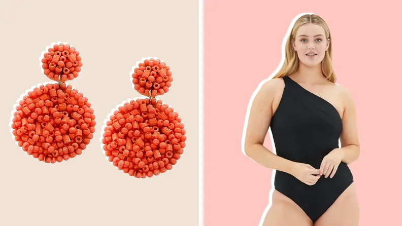 On left, coral beaded drop earrings on a beige background. On right, model wearing black one-piece swimsuit.