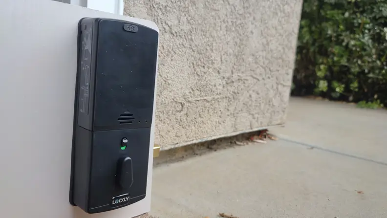 A side shot of the Lockly Vision Elite smart lock.