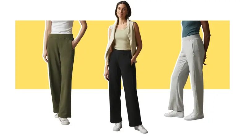 Three models wearing the same sweatpants in different colors.
