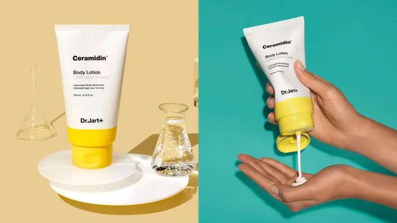 On the left: A tube of Dr. Jart body lotion on a yellow background. On the right: A hand squeezing lotion from a white tube.