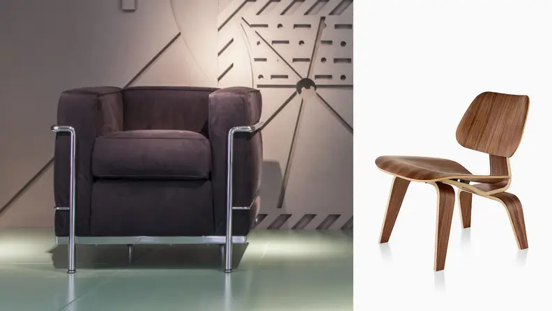 Le Corbusier's LC2 Poltrona at Cassina, and Eames Molded Plywood Lounge Chair with Wood Base at Herman Miller