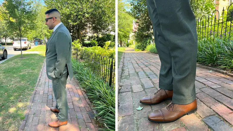Side profile and close-up of the pant hem of a green suit worn by the author.