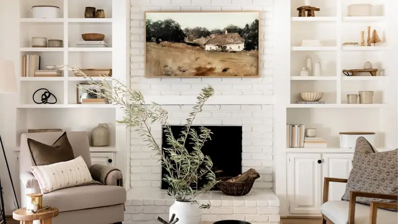 Digital art download printed and framed above a white fireplace