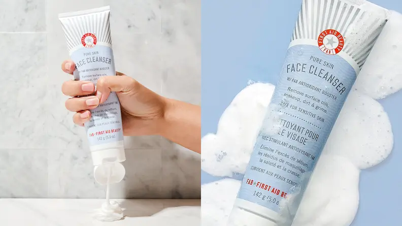 On the left: A hand squeezes the First Aid Beauty Pure Skin Facial Cleanser bottle and a white formula pours out onto a marble countertop. On the right: The First Aid Beauty Pure Skin Facial Cleanser lays in a puddle of the white formula which is on top of a light blue background.
