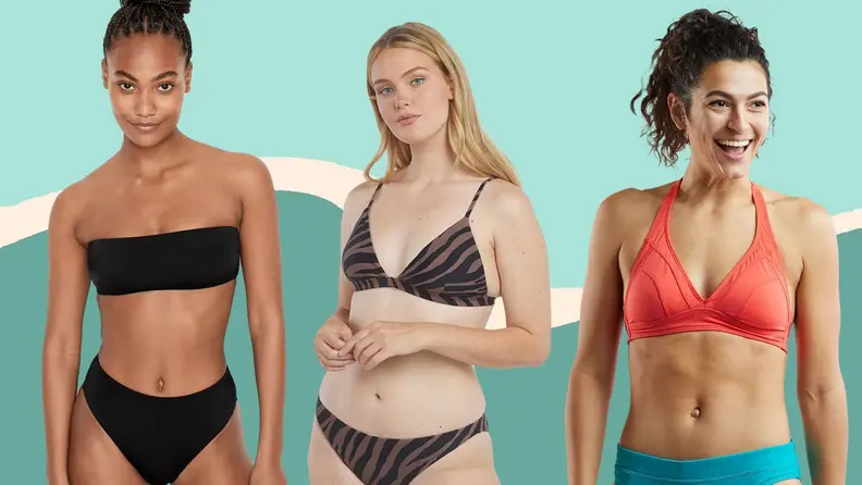 Three women in bikinis on a blue background