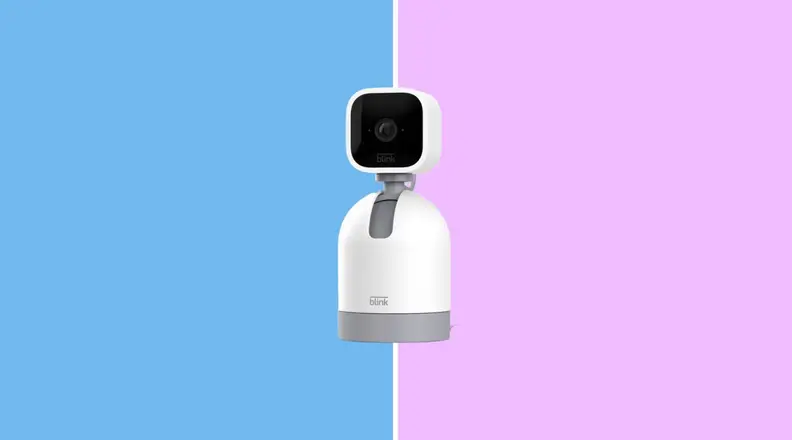 The Blink Mini security camera on the new Blink Mini Pan Tilt Mount against a pink and blue background