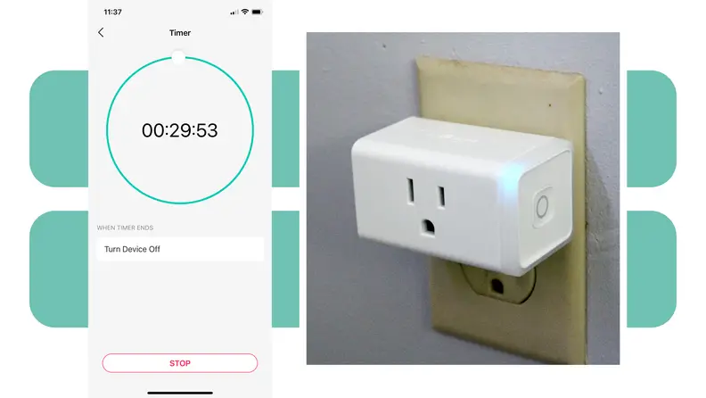 A picture of the Kasa app next to a Kasa Smart Wi-Fi Plug, plugged into a wall, with a green and white background.