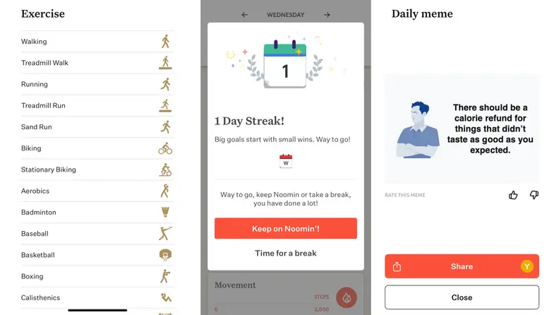 Three screenshots from the Noom app.