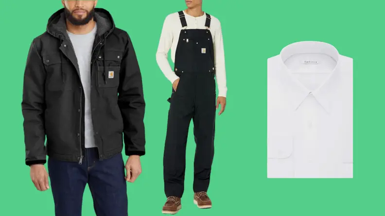 Model wearing jacket, model wearing overalls, and a folded dress shirt against green background