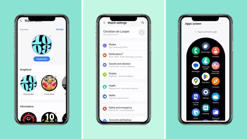 Three iPhones featuring the Samsung Galaxy Watch 6 app on the screens.