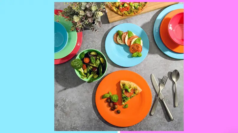 A colorful spread of outdoor dinnerware