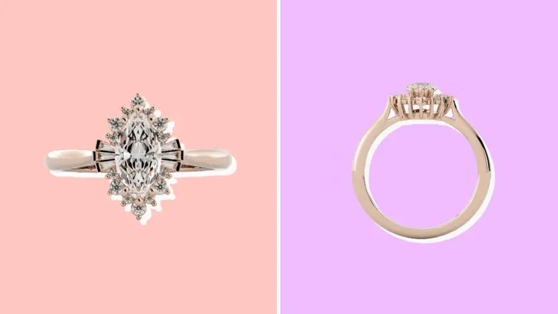 An engagement ring from Olive Ave shown from two different angles.