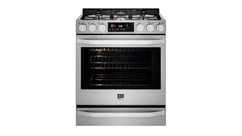 The front of the LG Studio gas range in stainless steel finish. The range has a five-burner gas cooktop and a gas convection oven.
