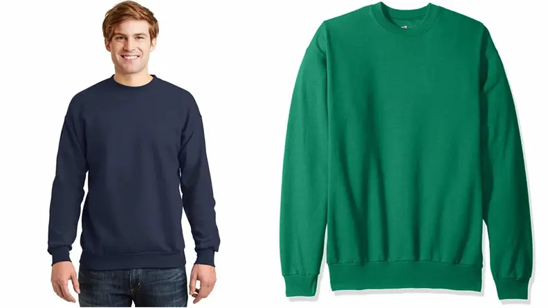 Man wearing black crewneck sweatshirt from Hanes, close-up of green Hanes sweatshirt.