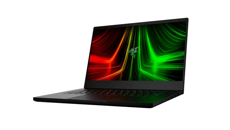 A three-quarter view of a black laptop