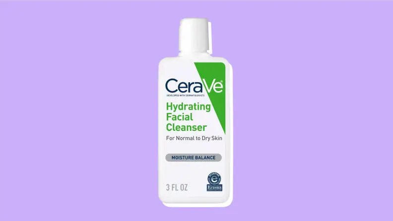 A bottle of CeraVe Hydrating Cleanser on a purple background.