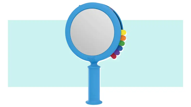 A Hand2Mind See My Feelings Mirror in blue with a rainbow-colored array of tabs with facial expressions for children to match.