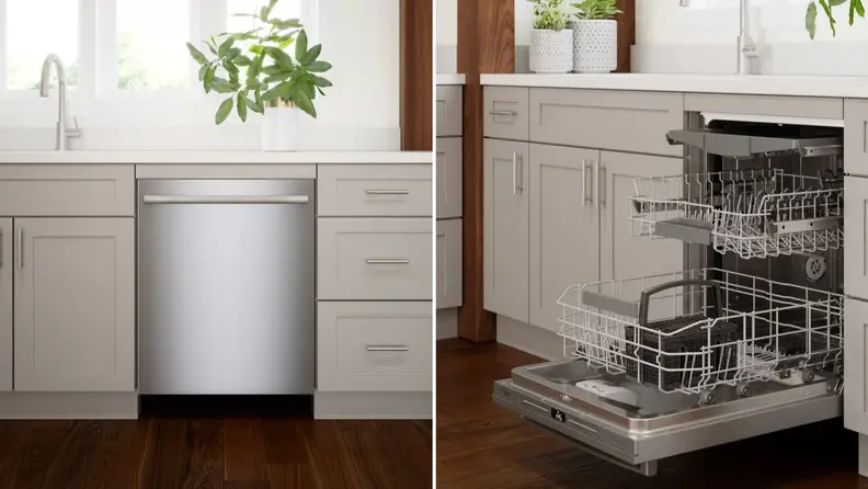 Left: The Bosch SGX78C55UC dishwasher closed in a kitchen. Right: The Bosch SGX78C55UC dishwasher open with racks of dishes showing.