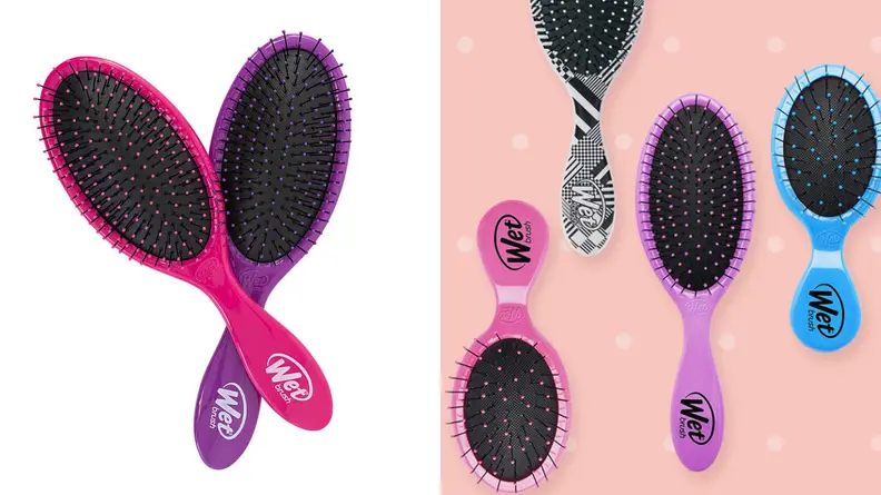 On the left: A pink Wet Brush Original Detangler and a purple one lay criss-crossed over each other. On the right: Four Wet Brushes of different sizes lay on a pink background.