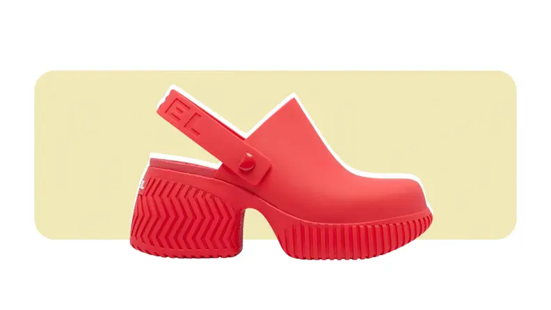 A heeled platform clog made from EVA rubber.