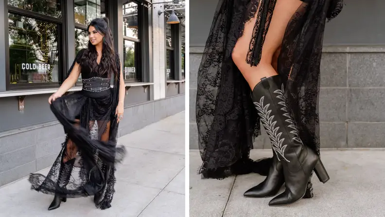 Caleigh Hardy wearing a black lace outfit with cowboy boots, and a close-up of the same boots.