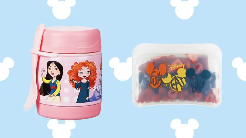 princess food container and mickey stasher bag on light blue disney background