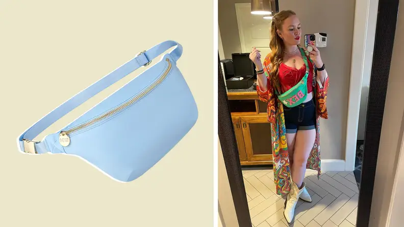 A woman wearing a green belt bag and also a photo of a Stoney Clover Lane bag.