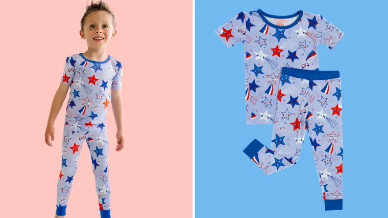 Boy wearing 4th of july PJs next to a set of the PJs