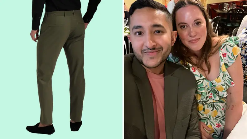 A model wearing green dress pants, and also a photo of a man and woman sitting down. The man wears an olive green blazer with a pink T-shirt, and the woman wears a floral dress.