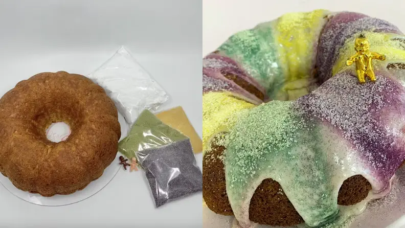 Left: Bundt cake with bags of frosting and colorful sprinkles. Right: decorated King Cake