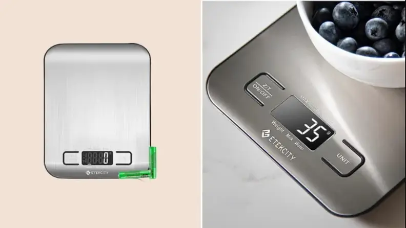 Split image of two product shots of the Etekcity digital kitchen scale.