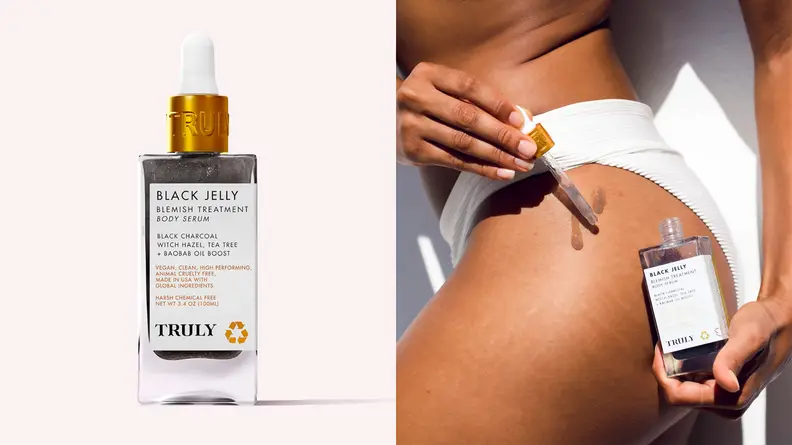 On the left: The bottle of Truly Beauty Black Jelly Blemish Treatment Body Serum standing against a light pink background. On the right: A woman holding the body serum against her leg in one hand and dropping the serum on her skin with the other hand.